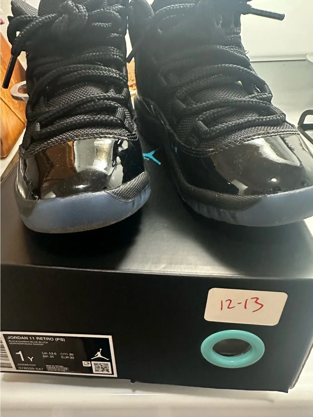 Jordan Kids Black Patent Leather Sneakers with Blue Accent